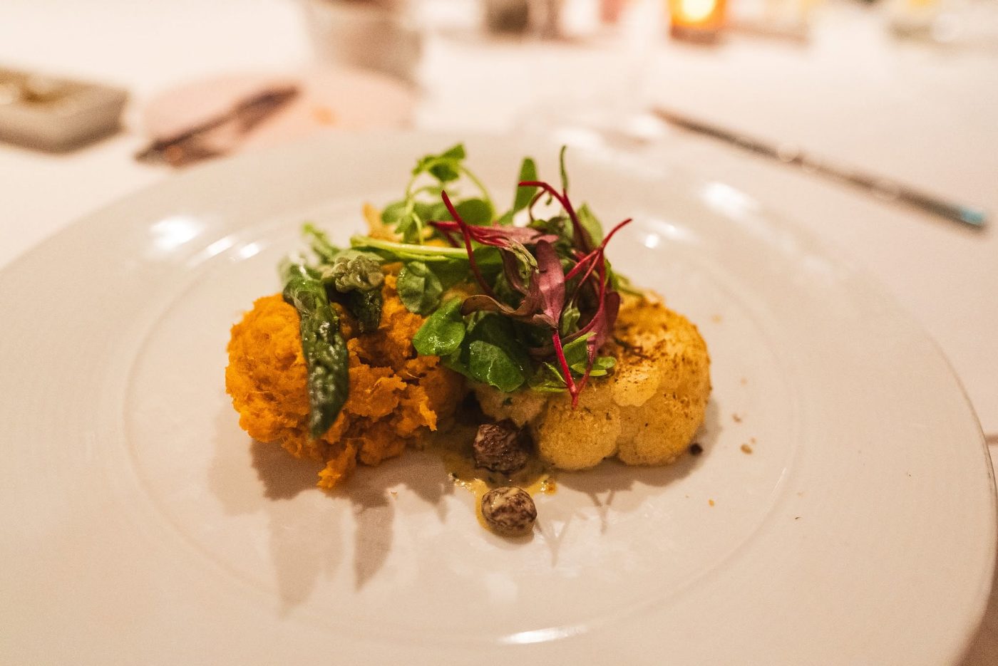 Roasted cauliflower steak plated for the cooked menu Roasted cauliflower steak plated for the cooked menu