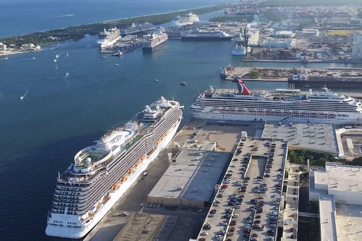 Port Everglades at Fort Lauderdale, Florida, with the waterway and city behind Port Everglades at Fort Lauderdale, Florida, with the waterway and city behind